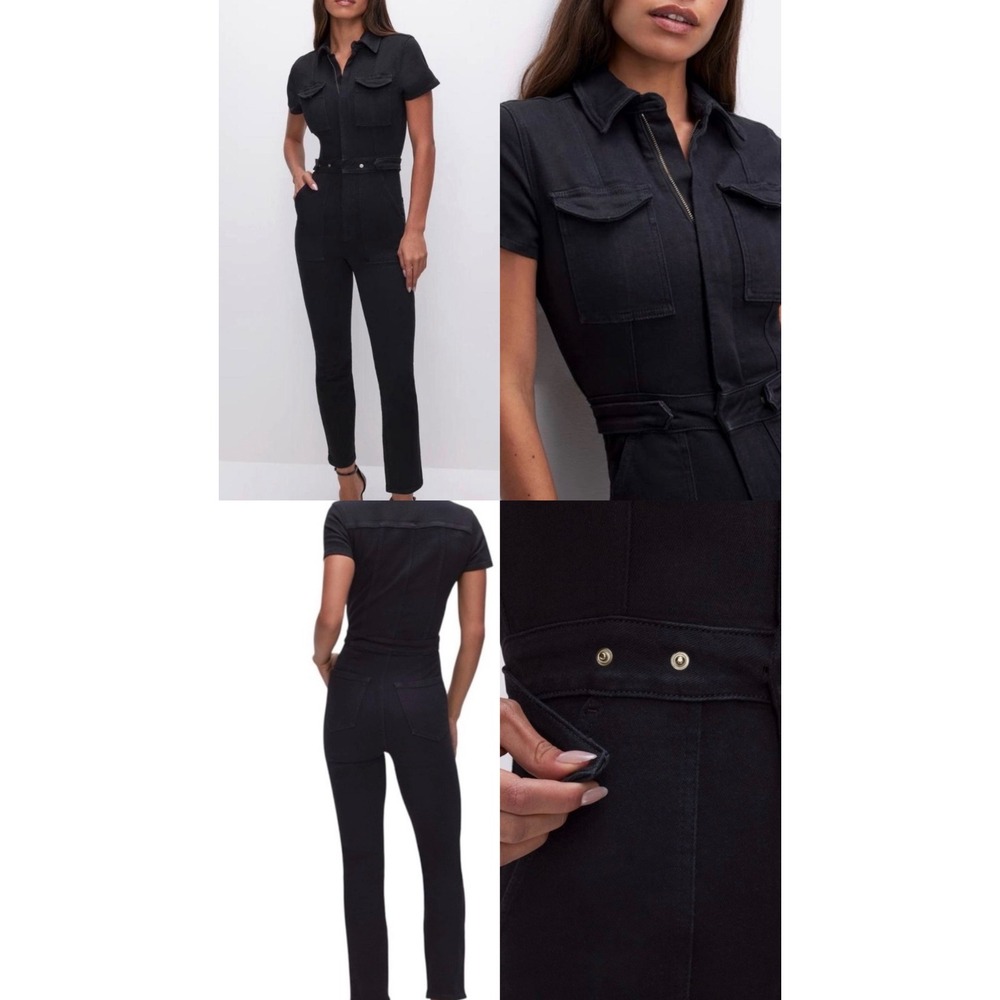 Good American Fit For Success Short Sleeve Denim Jumpsuit Black GMJS731BSO L